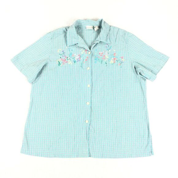 VTG Koret Francisca Embroidered Button Down Top L Light Blue Plaid - Picture 1 of 6